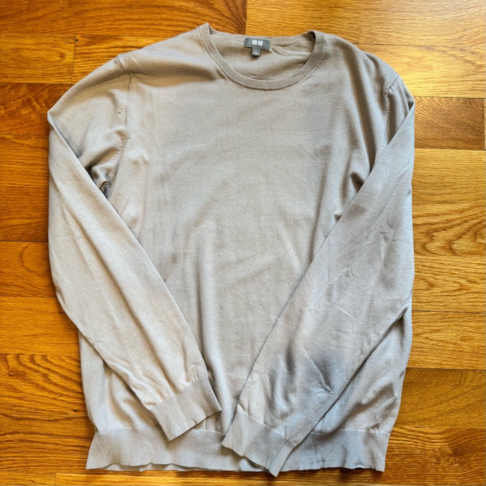 Men’s Uniqlo Crew Neck Cream Beige Long Sleeves Knit Top Shirt Large L